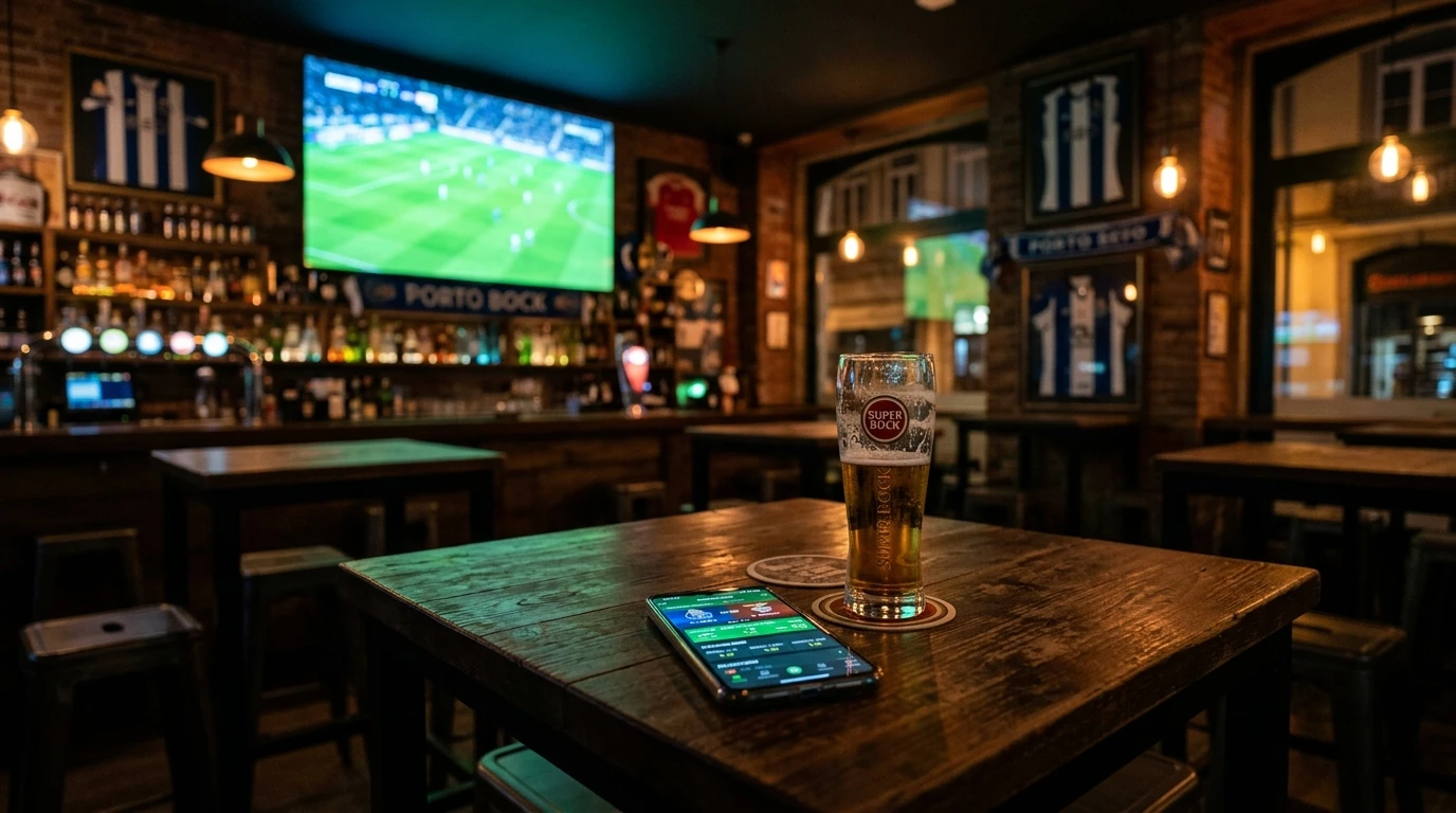 Adeptos a ver um jogo de futebol ao vivo num ecrã gigante num bar desportivo