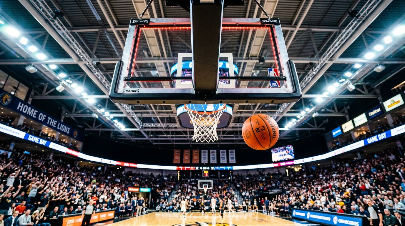 Tabela de basquetebol e bola num pavilhão desportivo iluminado