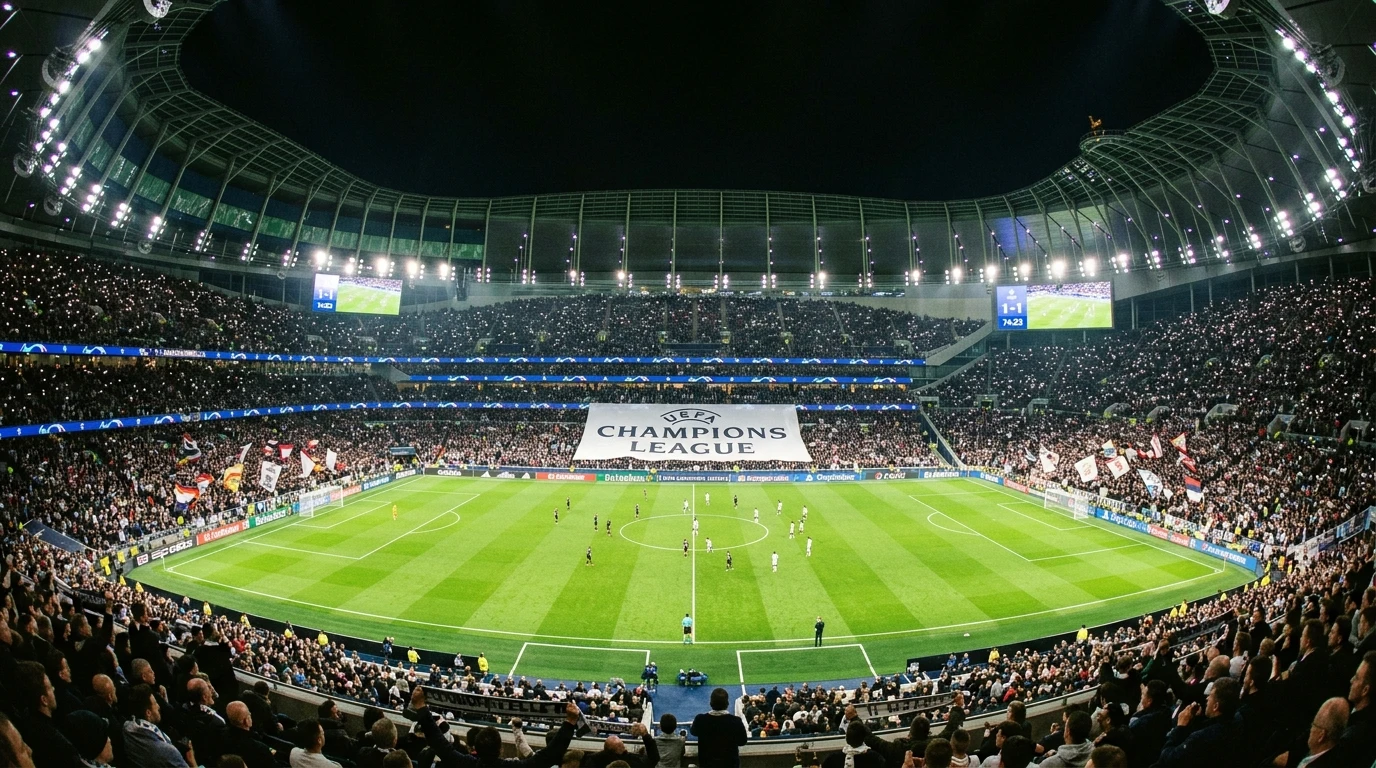 Estádio de futebol iluminado numa noite de jogo europeu