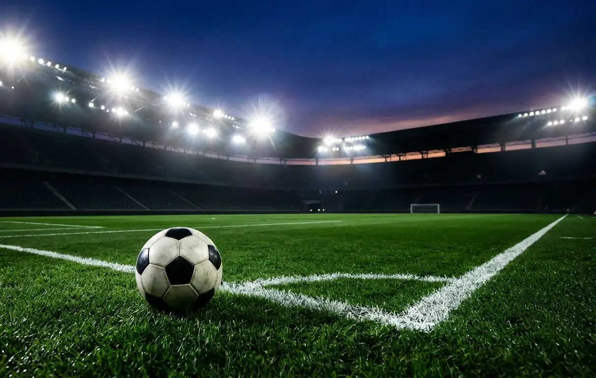 Bola de futebol num relvado verde iluminado sob os holofotes de um estádio
