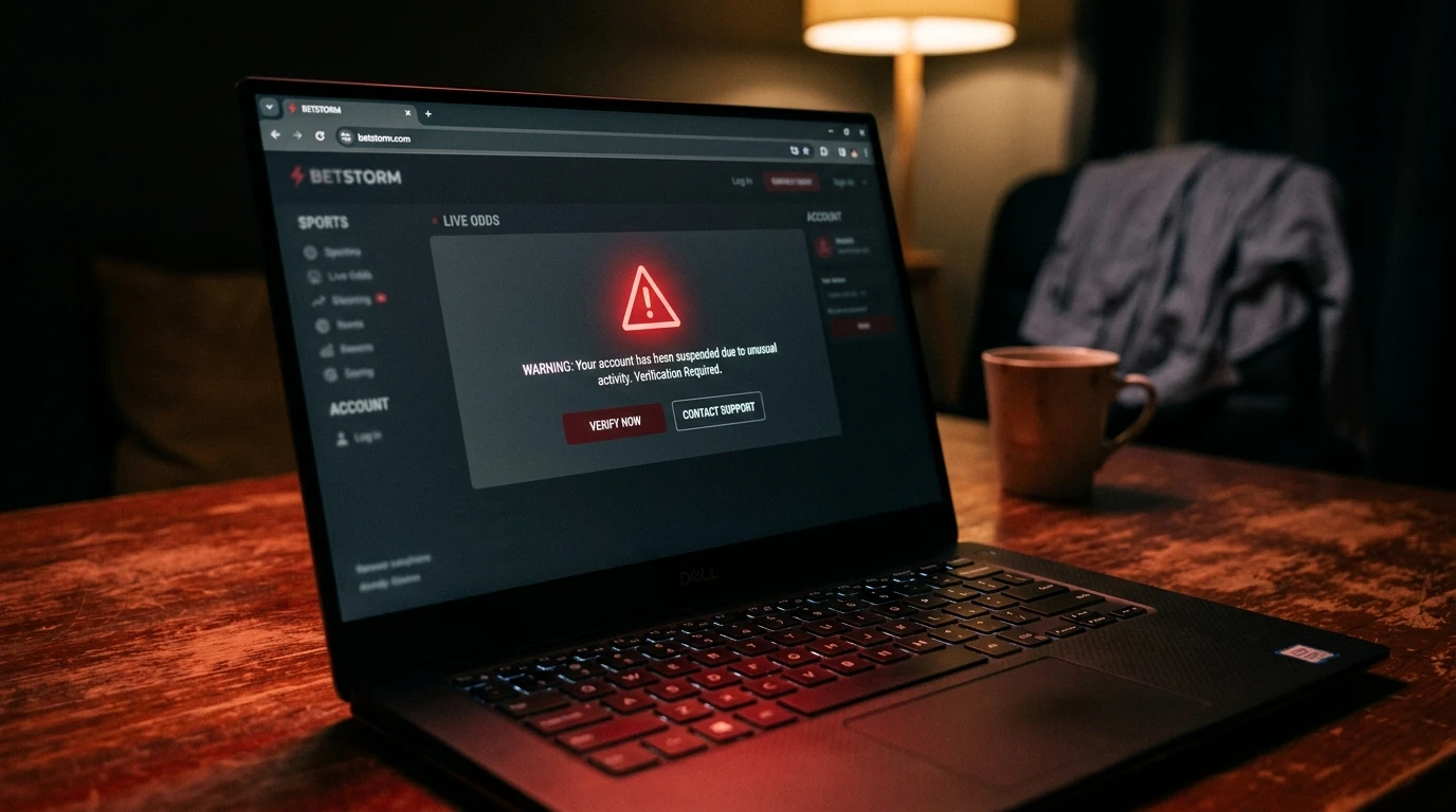 Ecrã de computador portátil com sinal de alerta vermelho sobre apostas ilegais