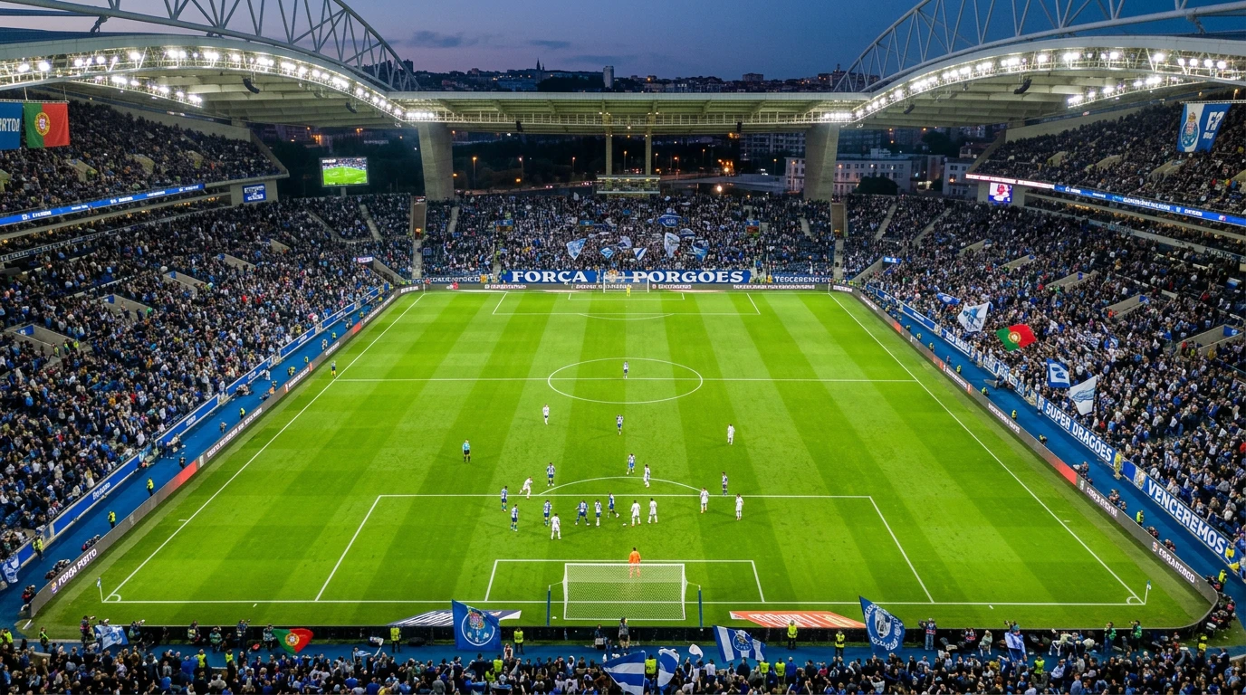 Campo de futebol visto de cima durante um jogo da Liga Portugal
