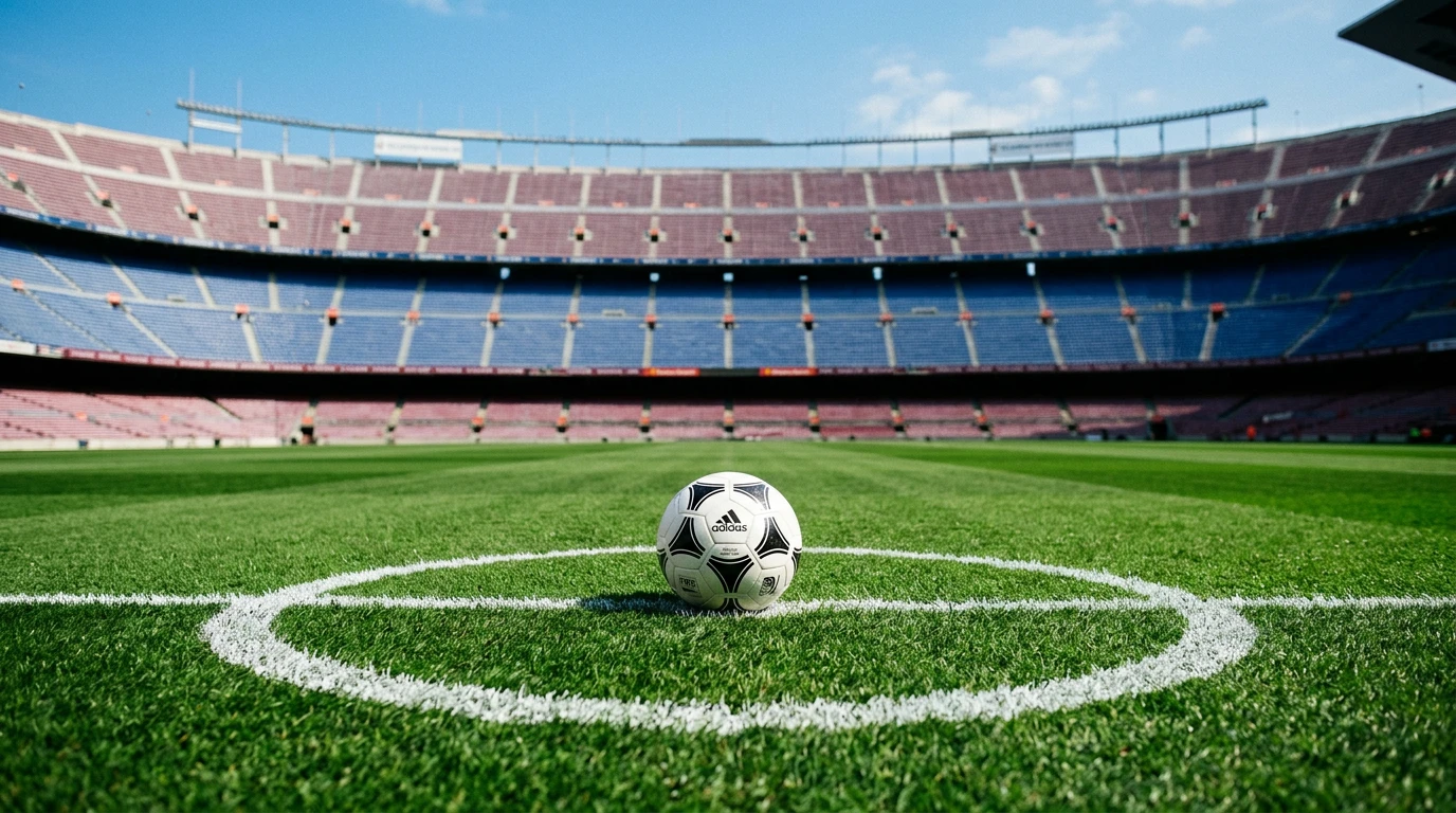 Bola de futebol oficial sobre relvado de estádio com bancadas ao fundo