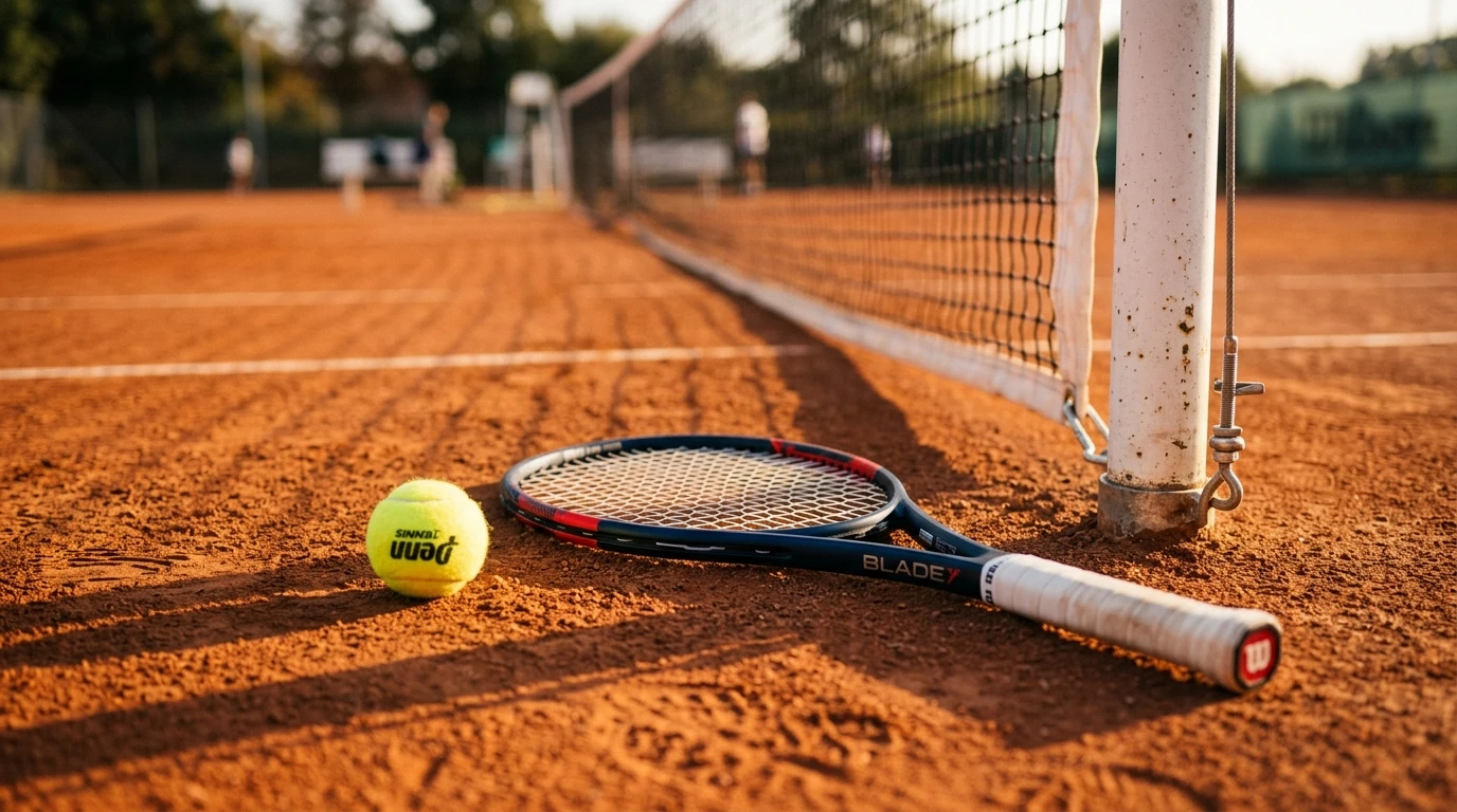 Court de ténis em terra batida com raquete e bola junto à rede