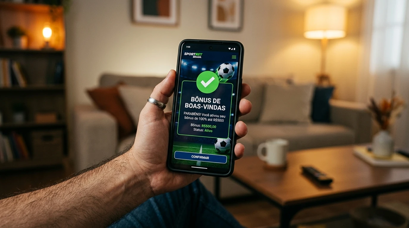 Mão a segurar um telemóvel com notificação de bónus de apostas desportivas