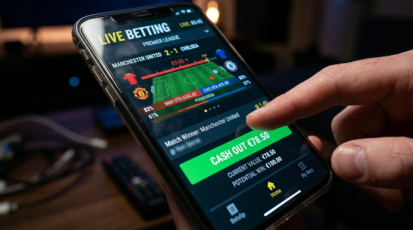 Ecrã de telemóvel com botão de cash out numa aposta desportiva activa