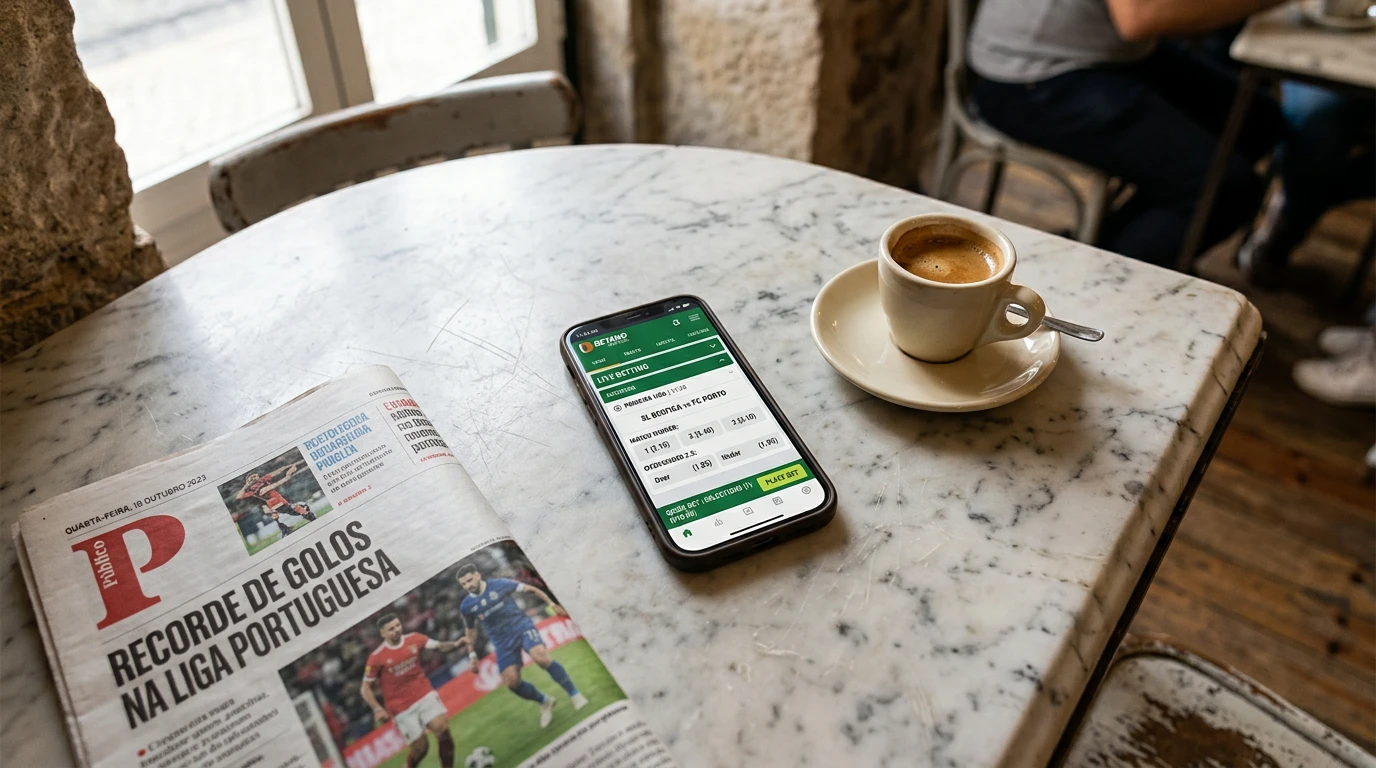 Ecrã de telemóvel com cotações de apostas desportivas numa mesa de café em Portugal