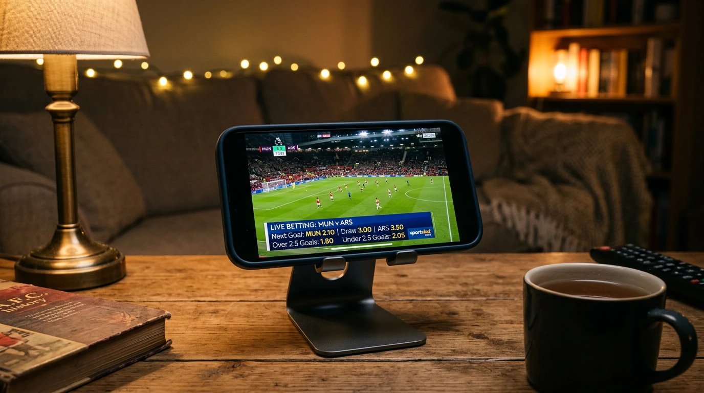Telemóvel a transmitir um jogo desportivo ao vivo com odds sobrepostas