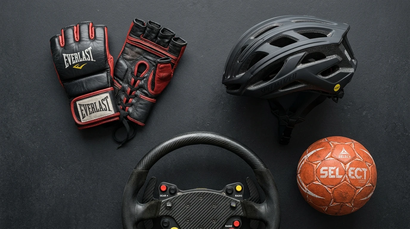 Colagem de equipamentos desportivos de MMA, ciclismo e motores