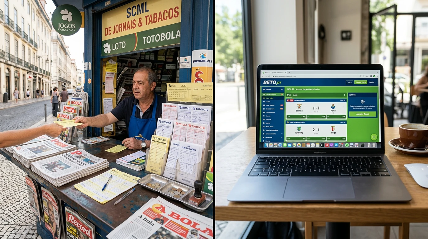 Balcão de quiosque de apostas ao lado de um portátil com apostas online