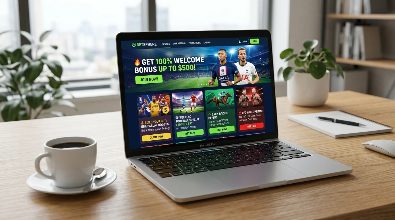 Ecrã de computador com promoções de apostas desportivas em destaque